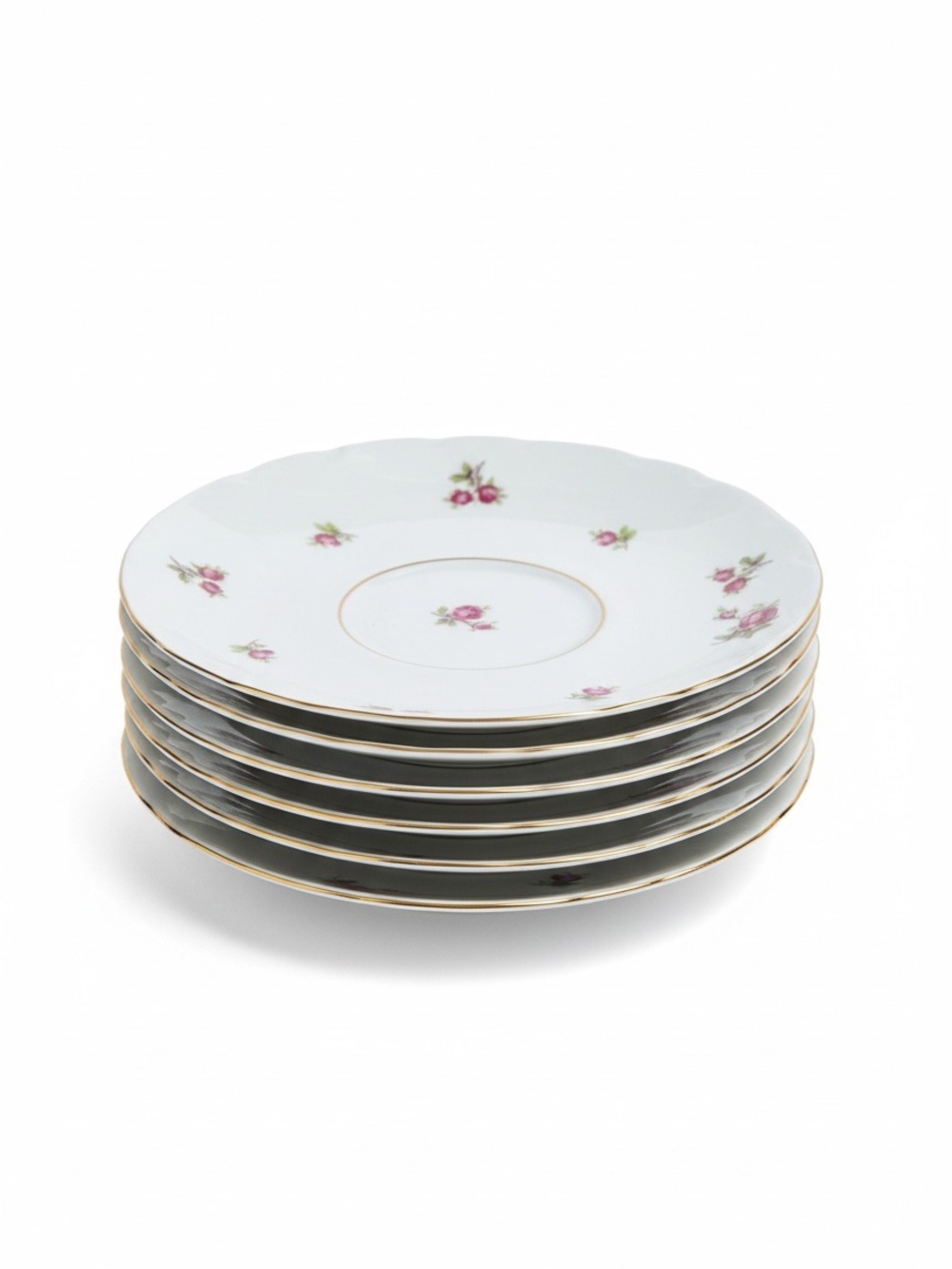 Set of 6 Victoria Czechoslovakia Saucers in Pink Rose Motif on White Porcelain